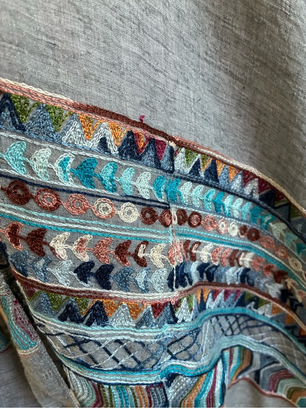 Gray Tassel Hem Kimono with Geometric Multicolor Trim - One Size